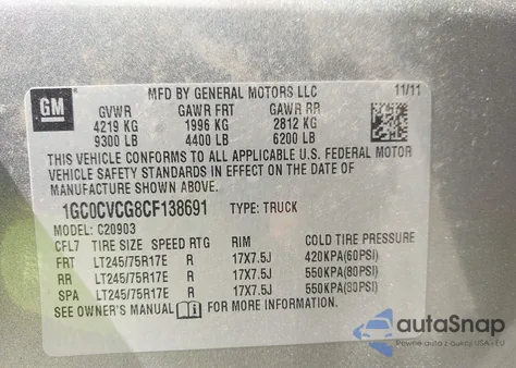 2012 Chevrolet Silverado C2500 Heavy Duty from USA, damaged, VIN 1GCOCVCG8CF138691